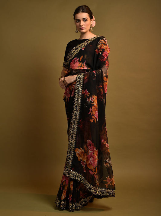 Black Georgette Chiffon Saree with Floral Print