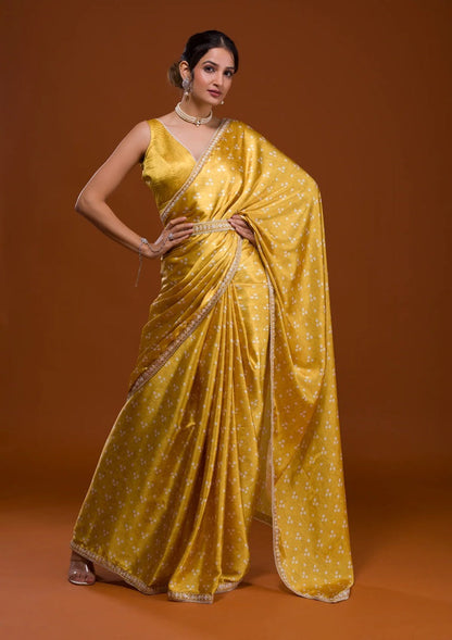 Mustard Bandhani Satin Saree With Lace Belt