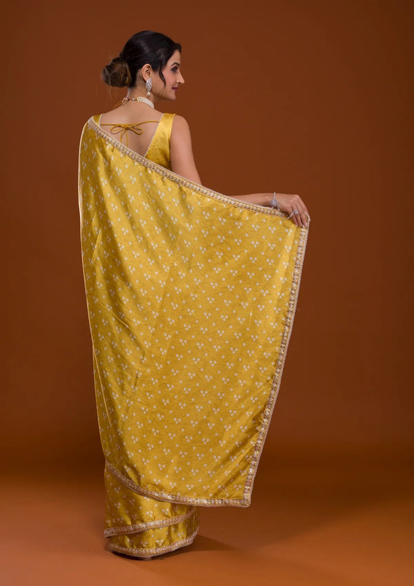 Mustard Bandhani Satin Saree With Lace Belt