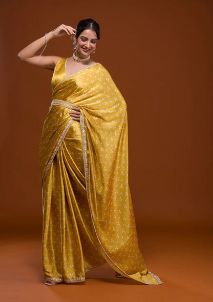 Mustard Bandhani Satin Saree With Lace Belt