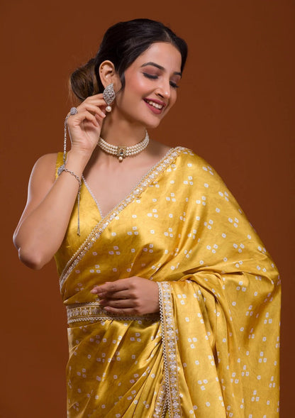 Mustard Bandhani Satin Saree With Lace Belt