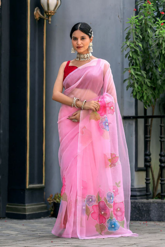 Rose Pink Soft Pure Organza Saree