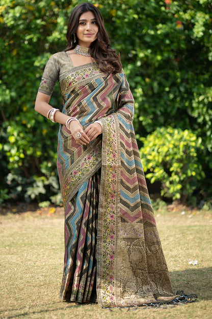 Elegant Grey Leheriya Banarasi Organza Saree