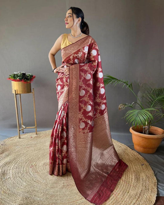 Maroon Traditional Floral Woven Saree