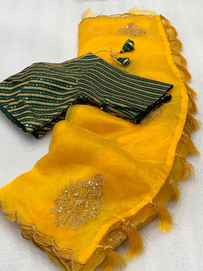 Yellow Color Organza Saree With Stitched Blouse