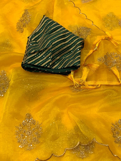 Yellow Color Organza Saree With Stitched Blouse
