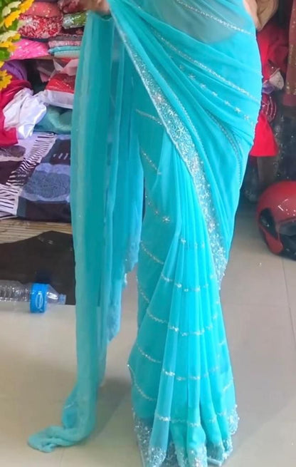 Sky blue Embroidery Work Georgette saree