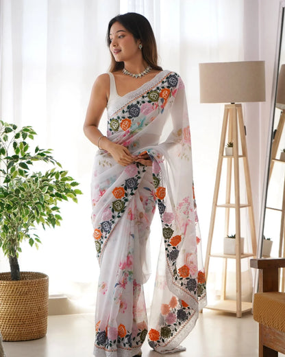 White Floral Printed Sequence Embroidery Saree