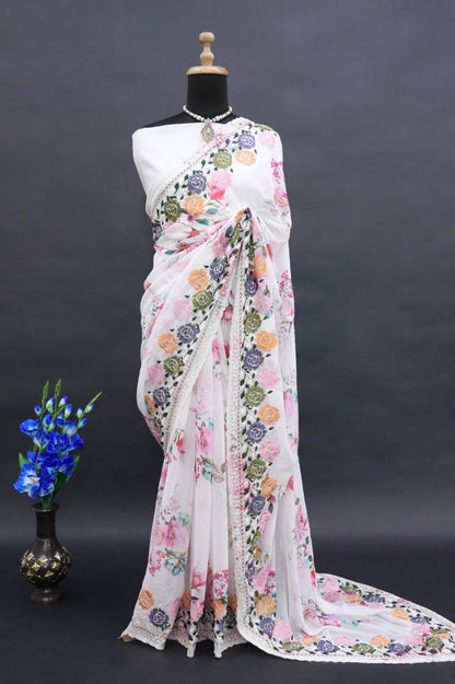 White Floral Printed Sequence Embroidery Saree