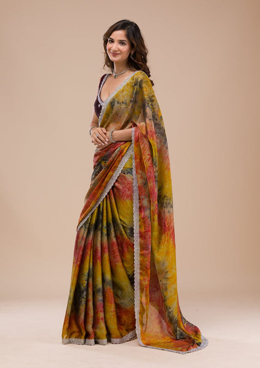 Yellow Color Designer Print  Georgette Party Wear Saree