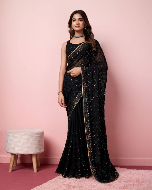 Black Designer Sequins work Georgette Saree