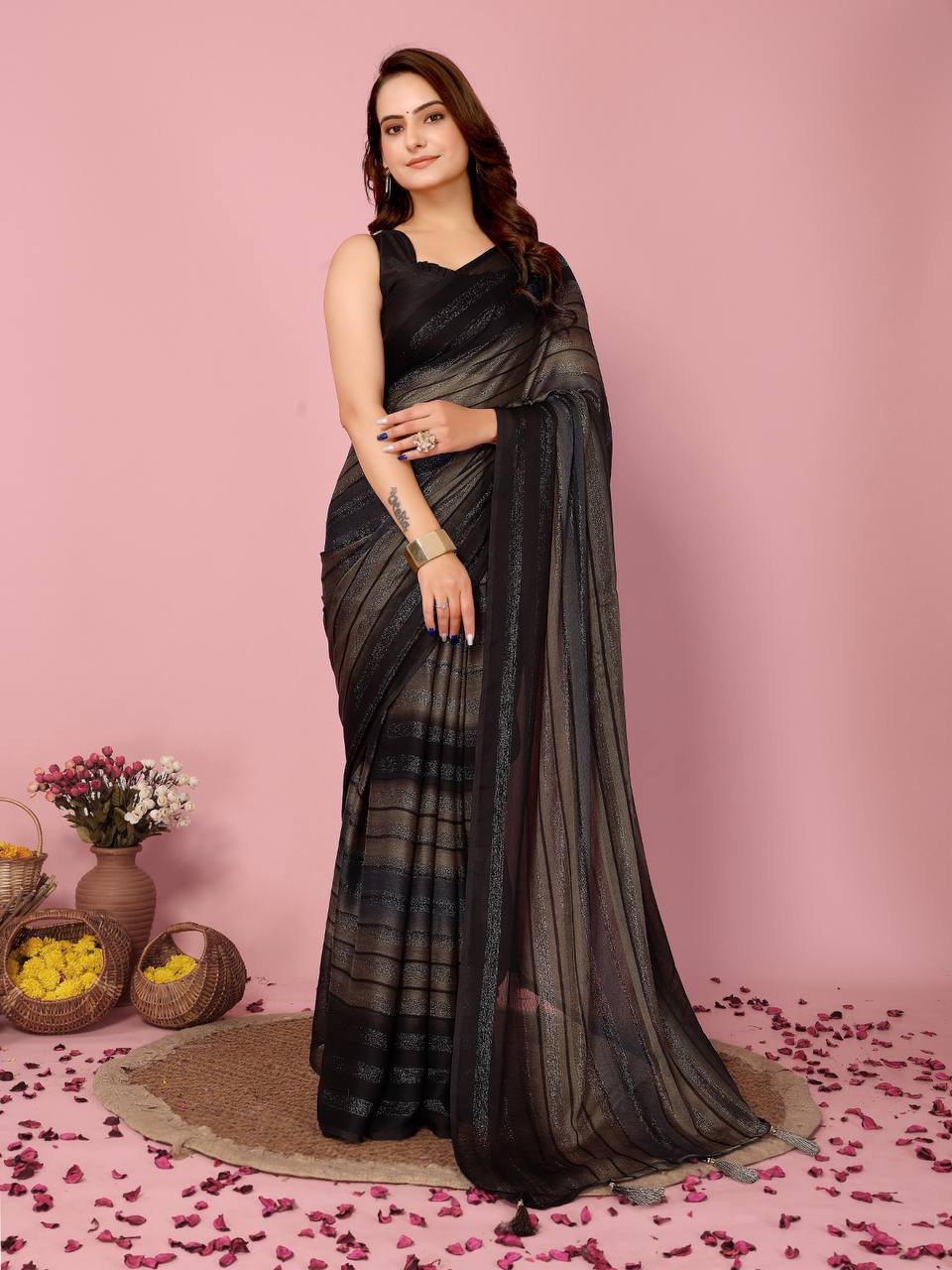 1-Minute Ready To Wear Rangoli Silk Saree (Black)