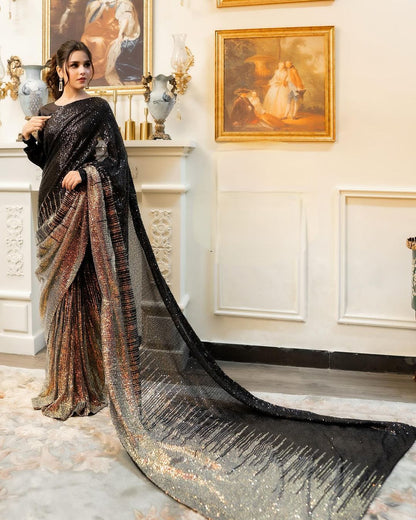 Amazing Black and brown Color Georgette Party Wear Saree