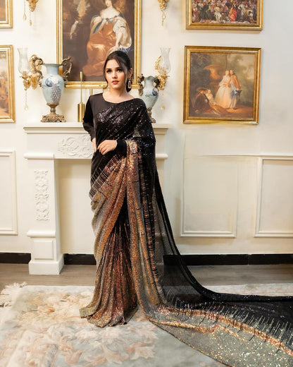 Amazing Black and brown Color Georgette Party Wear Saree