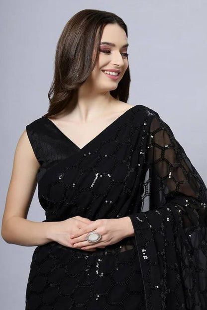 Black Georgette Sequence Work & Satin Banglory Blouse