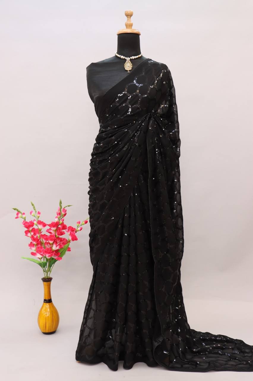 Black Georgette Sequence Work & Satin Banglory Blouse