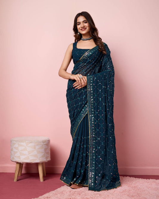 Blue Designer Sequins work Georgette Saree