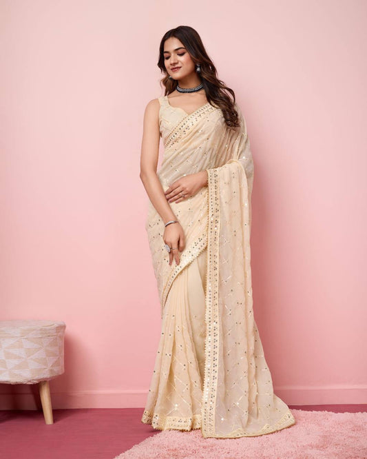 Cream Designer Sequins work Georgette Saree