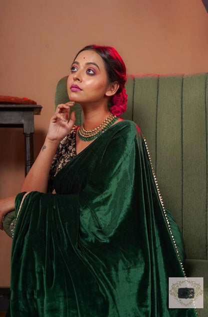 Green Viscose  Velvet Embroidery Saree