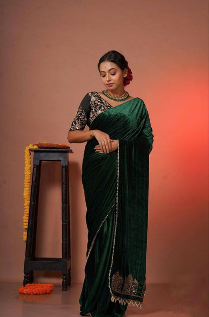 Green Viscose  Velvet Embroidery Saree