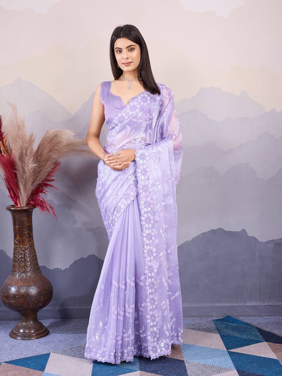 Light Purple Burberry Silk & Mono Banglory Silk Blouse Party Wear Saree