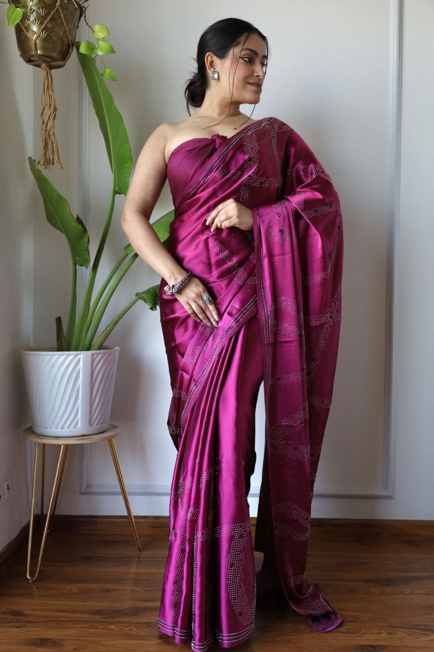 Magenta Poly Crepe Siroshki Diamond Saree