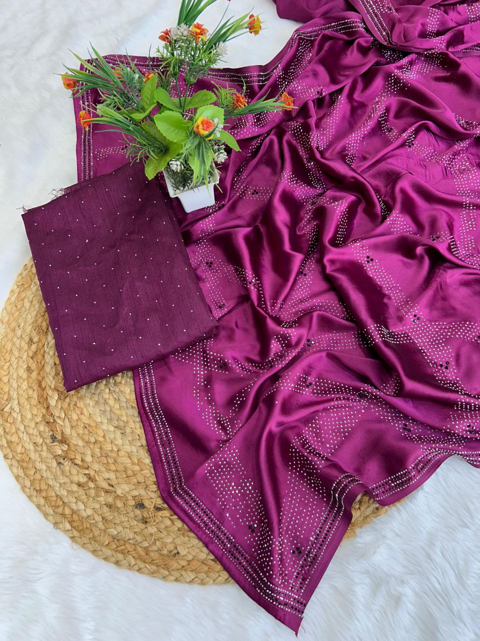 Magenta Poly Crepe Siroshki Diamond Saree