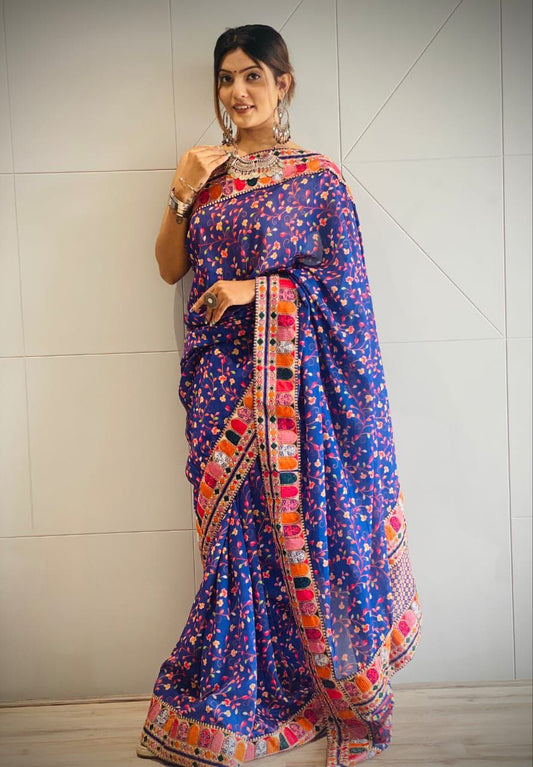 Navy Blue Vichitra Silk With Digital Print Saree