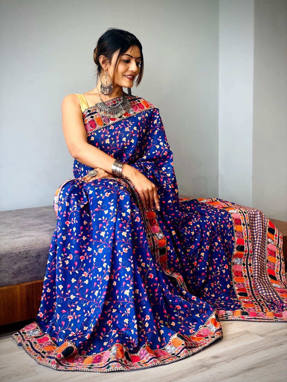 Navy Blue Vichitra Silk With Digital Print Saree