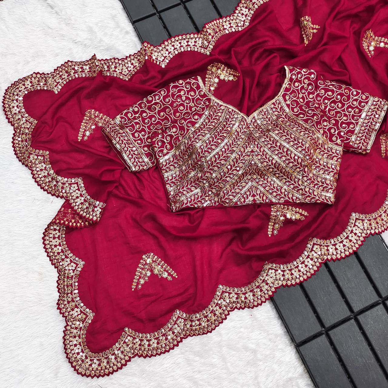 Maroon Two Tone Vichitra Silk Sari & Mono Banglory Silk Blouse