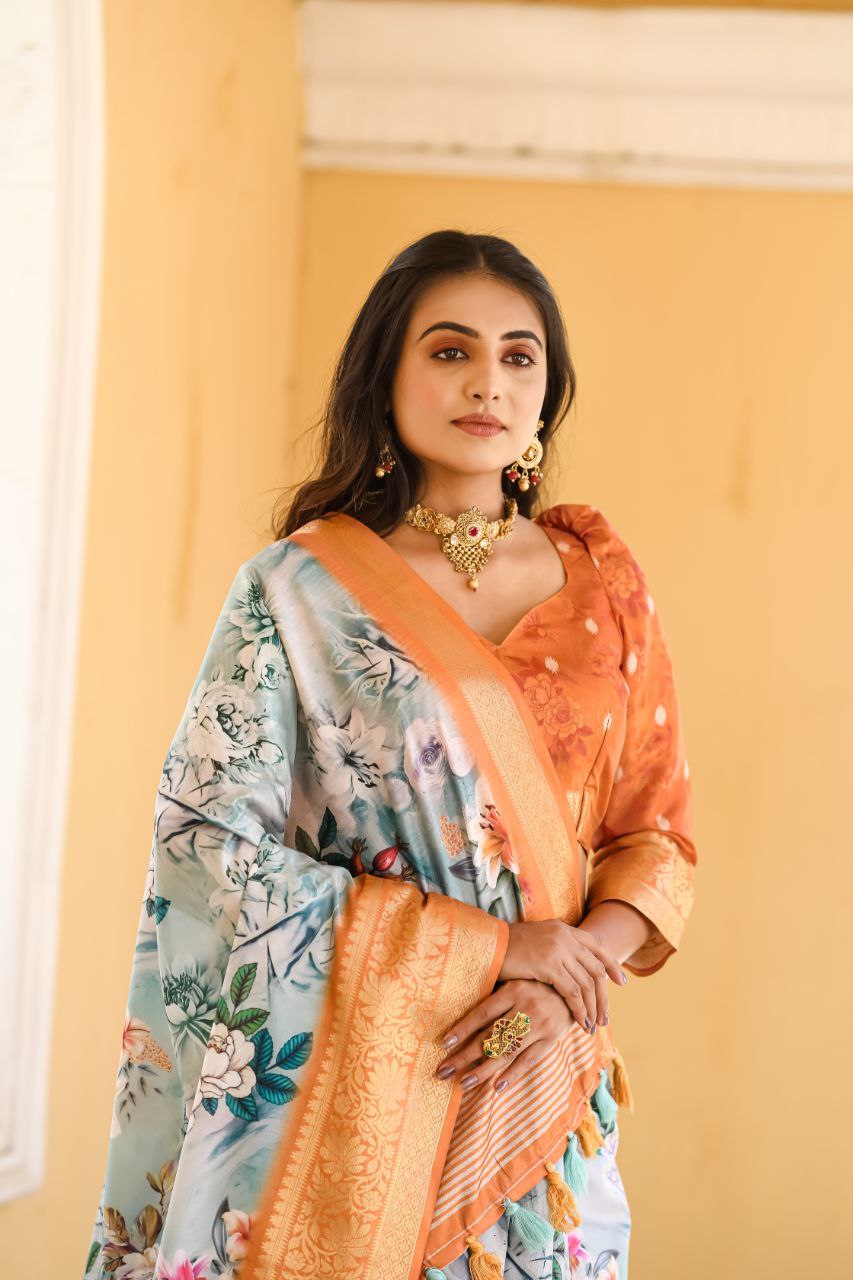 New Traditional Orange Color Dola Silk Saree