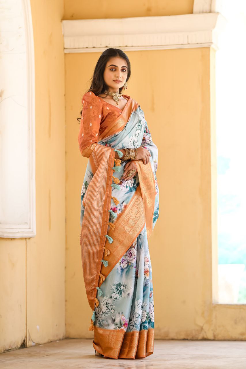 New Traditional Orange Color Dola Silk Saree