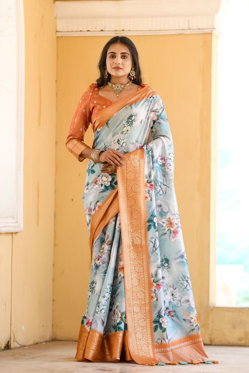 New Traditional Orange Color Dola Silk Saree