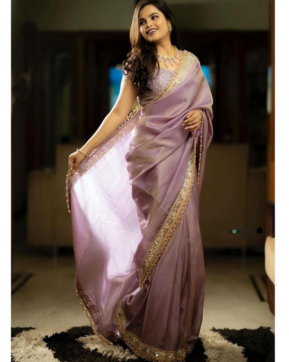 Peach Silver Tissue Silk Saree