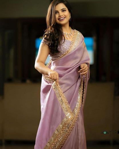 Peach Silver Tissue Silk Saree