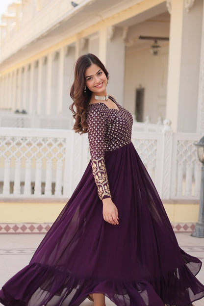 Amazing Violet Color Embroidery Work Party Wear Gown