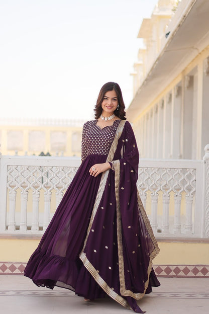 Amazing Violet Color Embroidery Work Party Wear Gown