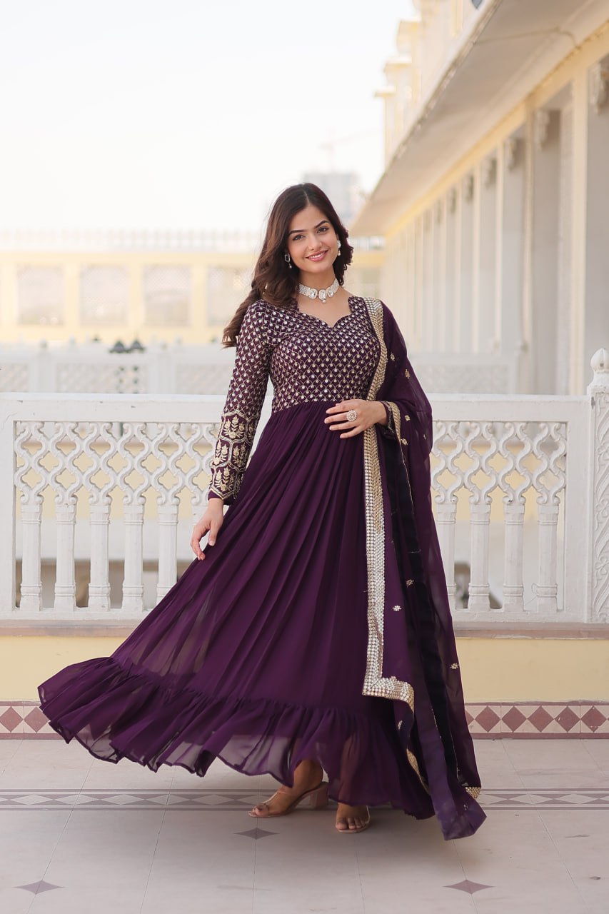 Amazing Violet Color Embroidery Work Party Wear Gown