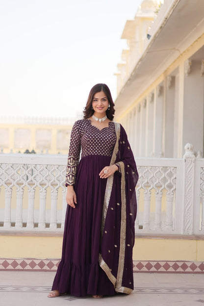 Amazing Violet Color Embroidery Work Party Wear Gown