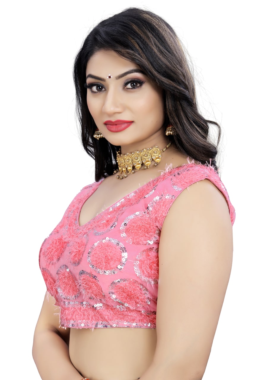 Pink Color Nylon Net Sequence Work Stitched Blouse