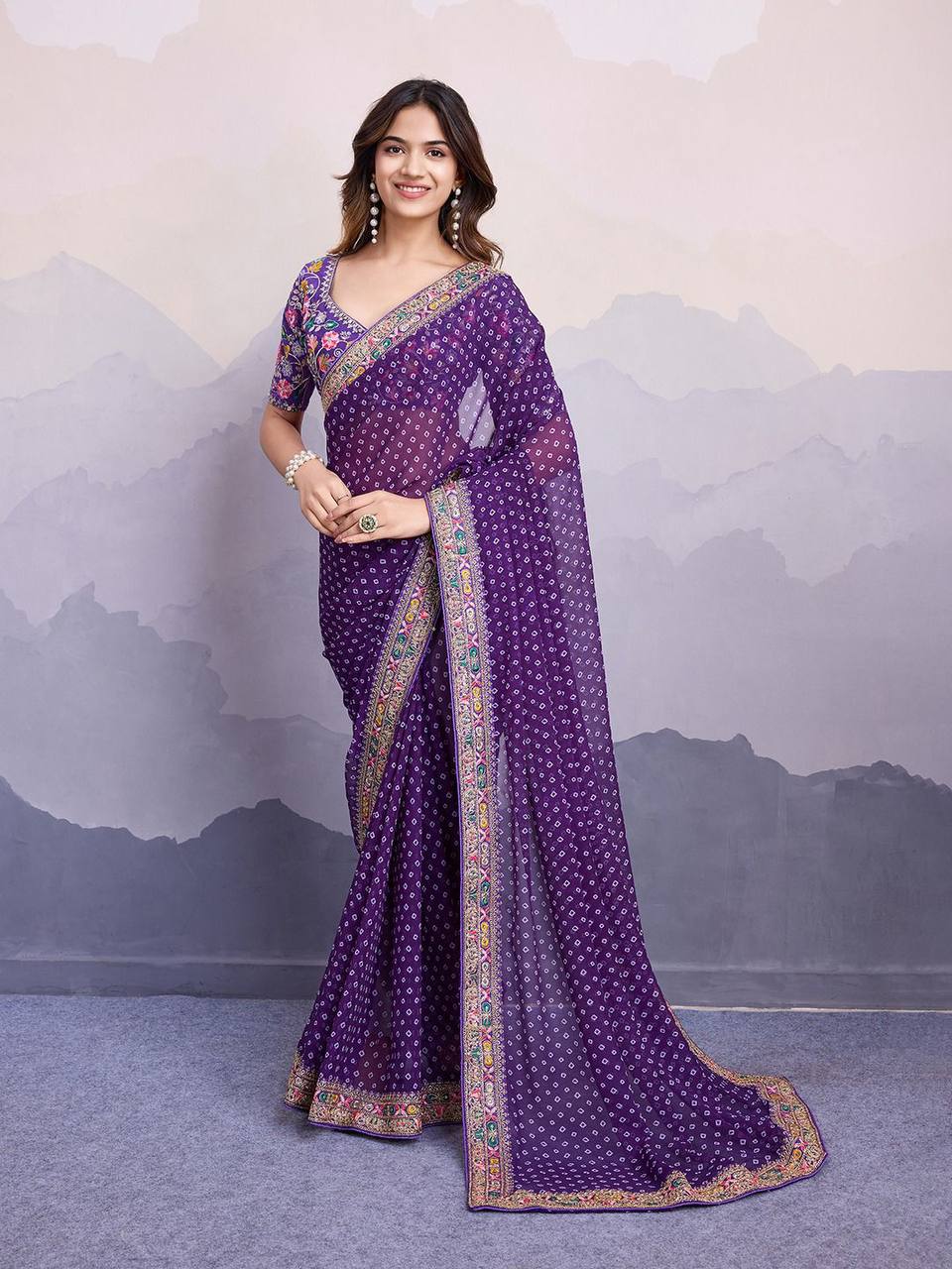 Purple Georgette Digital Print With Embroidery Work Saree