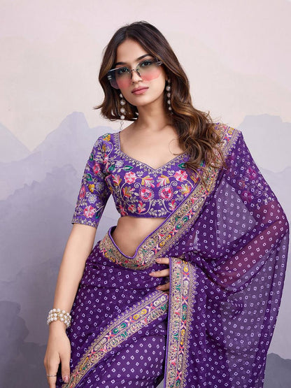 Purple Georgette Digital Print With Embroidery Work Saree