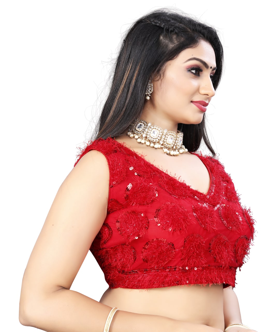 Red Color Nylon Net Sequence Work Stitched Blouse