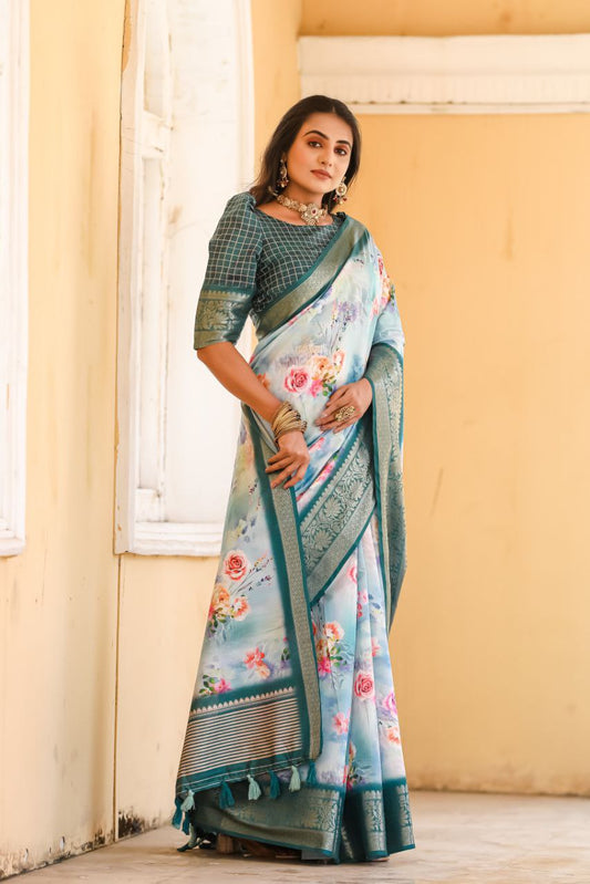 New Traditional Sky blue Color Dola Silk Saree