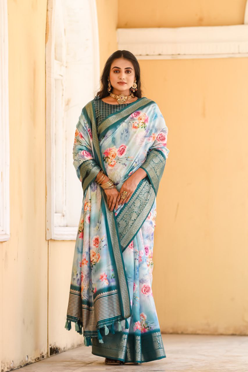 New Traditional Sky blue Color Dola Silk Saree