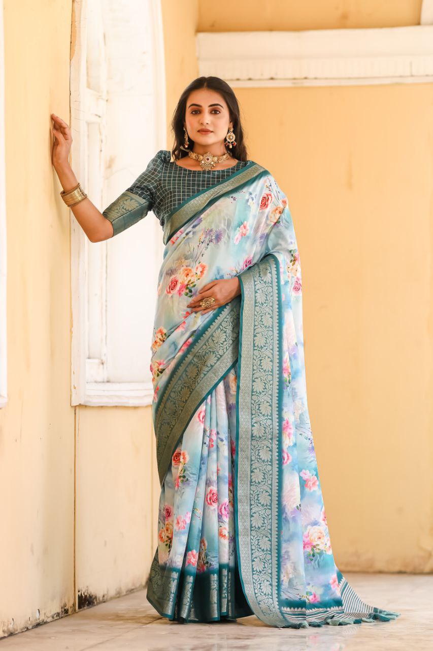 New Traditional Sky blue Color Dola Silk Saree