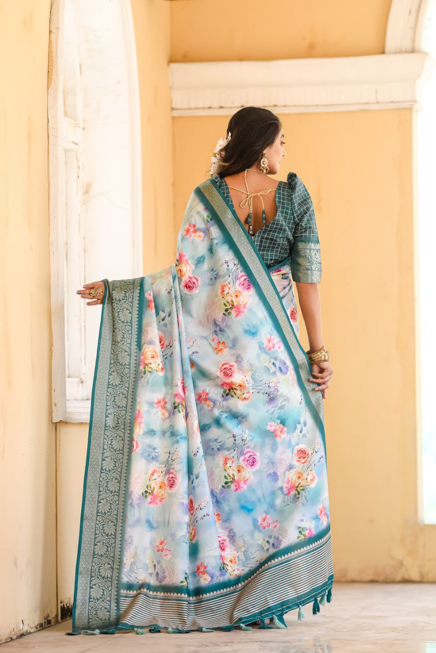 New Traditional Sky blue Color Dola Silk Saree