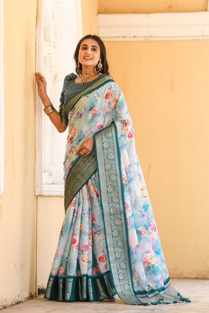 New Traditional Sky blue Color Dola Silk Saree