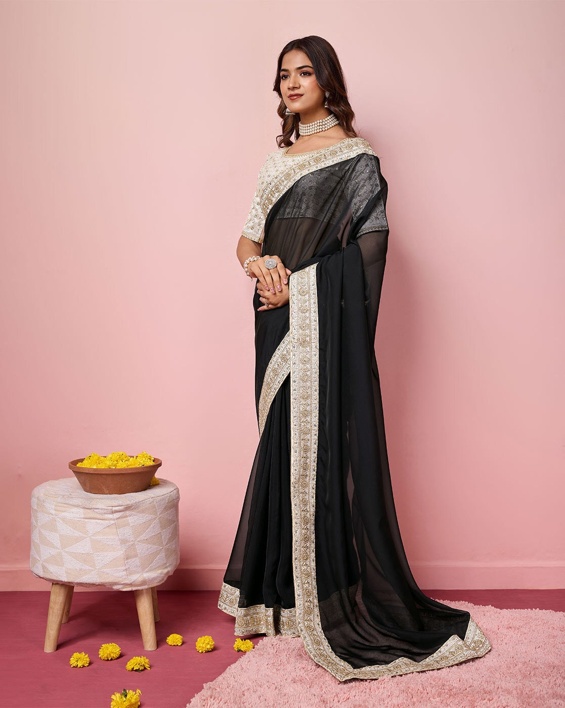 Black Soft Organza Embroidery Work Saree