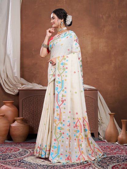 Cream Linen Jamdani Saree